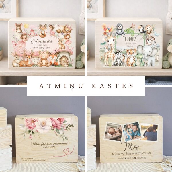 Personalizētas koka atmiņu kastes bērniem, mamām un tēriem