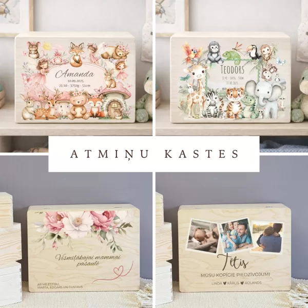 Personalizētas koka atmiņu kastes bērniem, mamām un tēriem